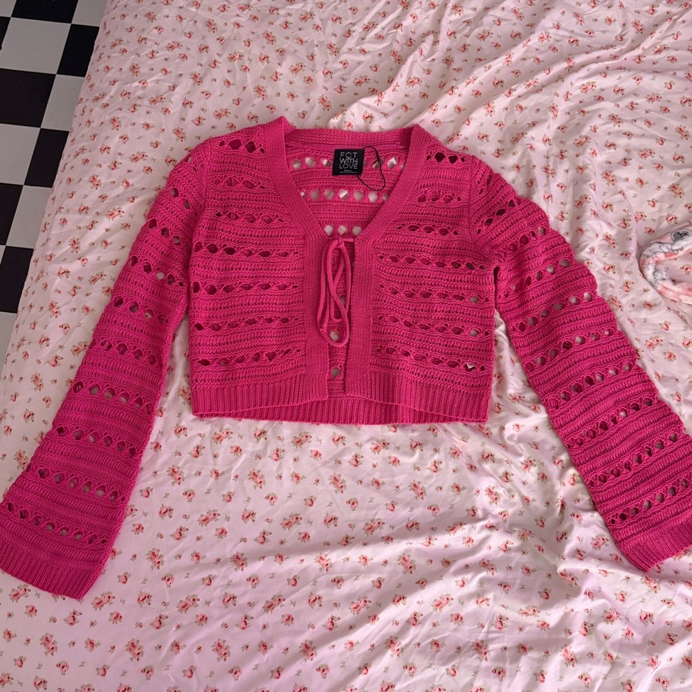 Pink Cropped Knit Tie-Front Cardigan